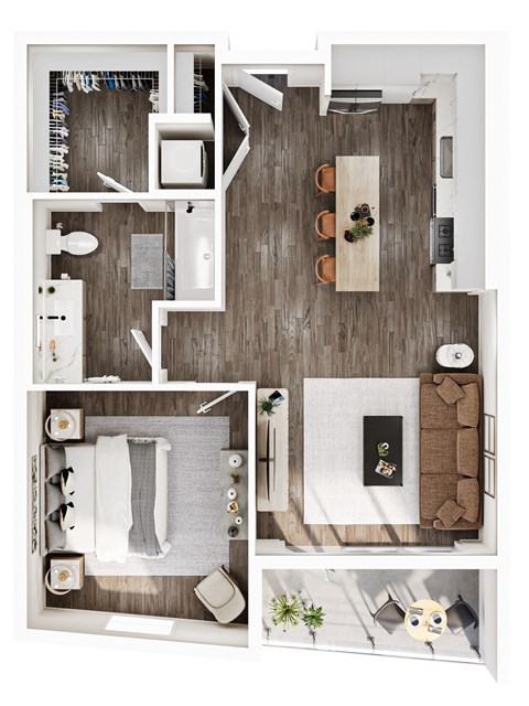 Floor plan for 1 bed, 1 bath, 711 sqft